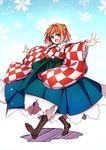  baba_(baba_seimaijo) bell boots checkered downscaled hair_bell hair_intakes hair_ornament highres japanese_clothes md5_mismatch motoori_kosuzu open_mouth outstretched_arms red_eyes red_hair resized short_hair smile solo touhou two_side_up 