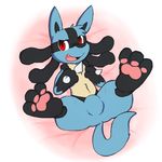  2015 3_fingers 3_toes anthro bed bulge chibi fur looking_at_viewer lucario lying male nintendo oob open_mouth pok&eacute;mon red_eyes smile solo spikes toes video_games 