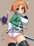  ass black_legwear blue_eyes blush bow breasts creature disgaea embarrassed from_behind green_shirt grey_background haniwagi_(hal) large_breasts looking_back magic_knight_(disgaea) orange_hair panties pointy_ears prinny shiny shiny_skin shirt short_hair sideboob sweat sword thighhighs torn_clothes underwear weapon white_bow white_panties 