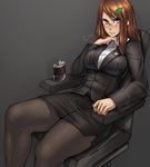  ayakumo black_legwear blush breasts brown_eyes brown_hair chair commentary fang fang_out formal futatsuiwa_mamizou futatsuiwa_mamizou_(human) glasses hair_ornament hairclip highres hip_flask jacket large_breasts leaf long_hair looking_at_viewer office_chair office_lady pantyhose pencil_skirt pince-nez side_slit simple_background sitting skirt skirt_suit solo suit touhou 