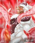  2015 anthro barazoku big_penis blush digimon digital_media_(artwork) erection fully_bound horn humanoid_penis korikakumon male muscles open_mouth penis primodrago side_view signature slimy solo tears tentacles thick_penis tongue world_of_tentacles 