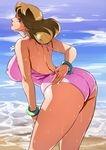  ass back bent_over big_breasts bracelet breasts brown_hair curvy earrings erect_nipples female green_eyes huge_ass jewelry jojo_no_kimyou_na_bouken kuujou_holly large_breasts lipstick long_hair looking_back makeup milf one-piece_swimsuit one_piece_swimsuit solo standing stardust_crusaders swimsuit thick_thighs volvox wet wide_hips 