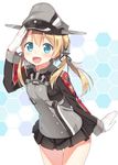  :d anchor_hair_ornament blonde_hair blue_eyes gloves hair_ornament hat honeycomb_(pattern) honeycomb_background hyuuga_azuri kantai_collection long_hair military military_uniform open_mouth peaked_cap prinz_eugen_(kantai_collection) salute smile solo twintails uniform 