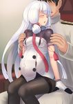  1girl admiral_(kantai_collection) blush covered_navel gloves kantai_collection long_hair murakumo_(kantai_collection) outie_navel pantyhose parted_lips pregnant remodel_(kantai_collection) sidelocks sitting sitting_on_lap sitting_on_person sweatdrop taji_(crowview) tsundere white_hair 