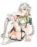  arm_support ass asymmetrical_hair bare_shoulders braid breasts cleavage_cutout cloud_print crop_top green_legwear hair_tousle kantai_collection large_breasts light_smile long_hair looking_at_viewer midriff miniskirt onmyouji panties pantyshot pantyshot_(sitting) peperoncirno pleated_skirt silver_hair simple_background single_braid sitting skirt solo thighhighs underwear unryuu_(kantai_collection) very_long_hair white_background yellow_eyes 