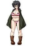  ayato bikini black_eyes black_hair blush boots breast_hold breasts crossed_arms frown full_body girls_und_panzer glasses haori japanese_clothes large_breasts looking_at_viewer messy_hair oryou_(girls_und_panzer) plump ponytail red-framed_eyewear red_bikini semi-rimless_eyewear short_hair solo standing striped striped_bikini swimsuit under-rim_eyewear white_background 