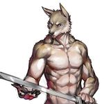  abs biceps blue_eyes canine clothed clothing half-dressed jacketbear male mammal muscles pecs sword weapon wolf 
