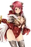  alp animal_ears animal_print armor armored_boots between_breasts bikini_top boots breasts cape cleavage cow_ears draph earrings elbow_gloves gloves granblue_fantasy hilt hood hood_down horns jewelry large_breasts leopard_print leotard looking_at_viewer pink_hair red_eyes red_leotard short_hair simple_background skindentation solo sturm_(granblue_fantasy) sword thigh_boots thighhighs thighs weapon white_background 