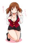  breasts brown_eyes brown_hair check_translation cleavage eri_(resia) highres idolmaster idolmaster_cinderella_girls large_breasts one_eye_closed pencil_skirt royale_style_(idolmaster) skirt solo totoki_airi translation_request twintails 
