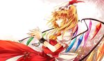  ascot blonde_hair chain chained cuffs dress flandre_scarlet hat hat_removed headwear_removed kutsuki_kai mob_cap puffy_short_sleeves puffy_sleeves red_dress red_eyes sash shackles shirt short_sleeves side_ponytail solo touhou wings 