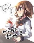  1girl anchor_symbol blush bottle brown_eyes brown_hair darkside fang hair_ornament hairclip holding holding_bottle ikazuchi_(kantai_collection) kantai_collection long_sleeves milk_bottle neckerchief school_uniform serafuku solo spoken_ellipsis table translated white_background 