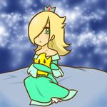  aqua_eyes bare_shoulders blonde_hair blue_eyes chiko_(mario) crown dress earrings hair_over_one_eye jewelry lowres mario_(series) rosetta_(mario) sitting super_mario_bros. 