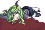  bad_id bad_pixiv_id bat_wings demon_girl demon_tail earrings green_eyes green_hair hair_ornament hairclip hanasaki_mahiru hatsune_miku head_wings jewelry long_hair lying on_stomach skirt smile solo sweater tail thighhighs vocaloid wings zettai_ryouiki 