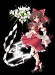  ankle_cuffs black_background blush bow brown_hair detached_sleeves flower gohei hair_bow hakurei_reimu kanji kantoku_(style) looking_at_viewer ofuda piromizu red_eyes short_hair solo touhou 