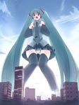  aqua_eyes aqua_hair blush day detached_sleeves from_below giantess hatsune_miku headphones headset knees_together_feet_apart long_hair necktie panties pantyshot pigeon-toed seo_tatsuya skirt sky solo sweat thighhighs twintails underwear upskirt very_long_hair vocaloid 