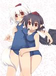  :p animal_ears black_wings hat inubashiri_momiji multiple_girls one-piece_swimsuit school_swimsuit shameimaru_aya swimsuit tail toba_hiyoko tokin_hat tongue tongue_out touhou wings wolf_ears wolf_tail 