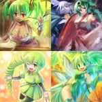  4girls apron breasts cleavage copyright_request edobox fairy green_eyes green_hair japanese_clothes kimono large_breasts multiple_girls naked_apron pointy_ears red_eyes short_hair thighhighs wings 