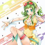  bad_id bad_pixiv_id belt boots breasts cleavage goggles goggles_on_head green_eyes green_hair gumi headphones headset medium_breasts midriff mikipa see-through short_hair skirt smile solo star vocaloid wrist_cuffs 