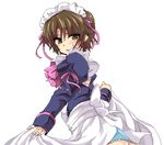  apron ass blush bow brown_eyes brown_hair crossdressing juliet_sleeves little_busters! long_sleeves looking_at_viewer maid maid_headdress male_focus masayu naoe_riki otoko_no_ko pink_bow puffy_sleeves simple_background solo waist_apron white_background 