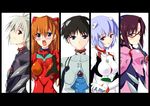  3girls albino ayanami_rei blush bodysuit column_lineup glasses ikari_shinji long_hair looking_at_viewer makinami_mari_illustrious multiple_boys multiple_girls nagisa_kaworu neon_genesis_evangelion pink_bodysuit piromizu plugsuit rebuild_of_evangelion red_eyes shikinami_asuka_langley simple_background skin_tight souryuu_asuka_langley very_long_hair white_background white_bodysuit white_hair 