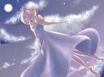  bare_shoulders barefoot blonde_hair blue_eyes cloud crown dress earrings floating hair_over_one_eye jewelry mario_(series) moon rosetta_(mario) solo star super_mario_bros. 