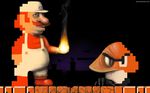  alternate_color alternate_form facial_hair fire fireball gloves goomba hat highres jpeg_artifacts male_focus mario mario_(series) mustache overalls piranha_plant pixel_art realistic red_hair rob_sheridan single_letter super_mario_bros. surreal wallpaper white_overalls 