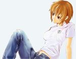  denim female girl jeans orange_hair pants shirt short_hair t-shirt torn_clothes torn_jeans 