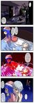  4koma bad_id bad_pixiv_id bathrobe bed camisole captain_freedom clock comic error hat highres hinanawi_tenshi izayoi_sakuya knife multiple_girls nightcap pillow scared sleeping surprised time_stop touhou translated trembling vase 