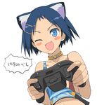  a1 animal_ears blue_eyes blue_hair blush_stickers casual cat_ears collar controller fang game_console game_controller hair_ornament hairclip ikeda_kana midriff one_eye_closed saki short_hair simple_background smile solo suspenders xbox_360 
