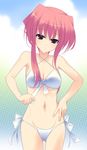  bad_id bad_pixiv_id bikini breasts cleavage copyright_request dragonmaterial front-tie_top halter_top halterneck highres medium_breasts navel pink_hair purple_eyes side-tie_bikini smile solo swimsuit swimsuit_pull 