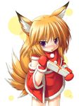  animal_ears blush detached_sleeves fox_ears fox_tail gift holding holding_gift multiple_tails orange_hair original purple_eyes solo tail yoruuma 