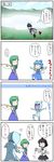  4koma bad_id bad_pixiv_id black_hair blue_hair bow captain_freedom cirno comic daiyousei fairy_wings flying geta green_hair hair_bow hat highres jojo_no_kimyou_na_bouken lake mountain multiple_girls outstretched_arms parody pose scenery shameimaru_aya short_hair side_ponytail spread_arms stand_(jojo) standing standing_on_one_leg tokin_hat touhou translated v_arms white_album_(stand) wings |_| 