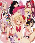  bikini black_bikini buriki flandre_scarlet flower frills front-tie_top hair_flower hair_ornament hibiscus highres hong_meiling houraisan_kaguya inaba_tewi innertube izayoi_sakuya multiple_girls one_eye_closed parasol red_bikini reisen_udongein_inaba ribbon short_hair smile spread_legs striped striped_bikini stuffed_animal stuffed_bunny stuffed_toy sunglasses swimsuit touhou umbrella yellow_bikini 