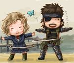  &gt;_&lt; 1girl bad_id bad_pixiv_id big_boss bug butterfly chibi closed_eyes english eyepatch hoop hula_hoop insect metal_gear_(series) metal_gear_solid_peace_walker naked_snake paz_ortega_andrade toriny 