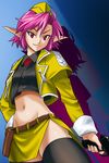  gun half-shirt haruyama_kazunori hat holster midriff miniskirt navel pink_hair pointy_ears red_eyes short_hair skirt solo super_robot_wars super_robot_wars_og_saga_mugen_no_frontier thighhighs uniform weapon wink_(endless_frontier) zettai_ryouiki 