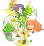  androgynous apricorn blade butterfly_net gen_1_pokemon gym_leader hand_net holding kneehighs leaf magnifying_glass male_focus metapod mikami poke_ball pokemon pokemon_(creature) pokemon_(game) pokemon_hgss purple_eyes purple_hair scarf scyther shorts sitting slowpoke smile socks tsukushi_(pokemon) wings 