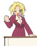  blonde_hair clenched_hand desk fang formal green_eyes kuroi_nanako long_hair lucky_star one_eye_closed solo suit table usuiken 