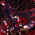  2girls alternate_costume belphegor black_battler black_hair flower formal highres jacket kaoru long_hair lucifer multiple_girls necktie petals pink_neckwear pinstripe_pattern pinstripe_suit red_eyes red_hair rose smile stakes_of_purgatory striped suit thighhighs umineko_no_naku_koro_ni ushiromiya_battler 