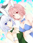  animal_ears blue_eyes breasts bunny_ears bunny_girl bunnysuit cleavage curry_man konpaku_youmu large_breasts multiple_girls pink_hair red_eyes saigyouji_yuyuko short_hair silver_hair touhou wrist_cuffs 