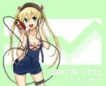  bikini bikini_top blonde_hair breasts cable entangled famicom game_console green_eyes hair_ribbon headphones long_hair medium_breasts open_mouth original overalls ribbon shuuhei_(shoohey) solo striped striped_bikini striped_swimsuit swimsuit twintails 