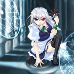  braid izayoi_sakuya knife magic_circle maid marl35 red_eyes short_hair silver_hair solo thighhighs touhou twin_braids 