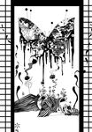  bug butterfly cailinqian closed_eyes eyes flower folding_screen ghost greyscale highres insect japanese_clothes kikumon kimono monochrome saigyouji_yuyuko saigyouji_yuyuko_(living) seigaiha shouji sleeping sliding_doors solo touhou 