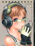  :3 :p absurdres artbook blue_eyes brown_hair child collarbone cover cover_page detail digital_media_player doujin_cover dress dress_bow english fancy_glasses frilled_dress frills glasses gloves green-framed_eyewear grey_background headphones highres holding leather leather_gloves looking_at_viewer multicolored multicolored_clothes multicolored_gloves murata_renji original raised_eyebrows ribbon scan shadow short_hair signature simple_background steepled_fingers tongue tongue_out upper_body white_dress 