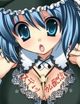  bad_id bad_pixiv_id between_breasts blue_eyes blue_hair body_writing breasts cleavage embellished_costume frills kawashiro_nitori key lace large_breasts open_mouth short_hair solo stickam takeda_aranobu touhou translated two_side_up 