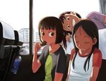  bad_id bad_pixiv_id black_hair bottle brown_eyes brown_hair bus bus_interior drooling eating grin ground_vehicle long_hair motor_vehicle multiple_girls neko_(hansinn) original raglan_sleeves saliva short_hair sleeping smile 