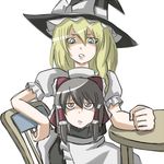  ao_usagi blonde_hair bow brown_eyes brown_hair dokonjou_gaeru green_eyes hakurei_reimu hat head_on_chest kirisame_marisa lowres multiple_girls sketch touhou witch_hat 