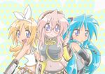  :&lt; arashiro_lune bad_id bad_pixiv_id bare_shoulders blonde_hair blue_eyes bow cosplay crossed_arms detached_sleeves frills frown glasses green_hair hair_bow hatsune_miku hatsune_miku_(cosplay) headphones headset hiiragi_kagami hiiragi_tsukasa kagamine_rin kagamine_rin_(cosplay) long_hair lucky_star megurine_luka megurine_luka_(cosplay) microphone midriff multiple_girls navel necktie pink_hair pleated_skirt short_hair skirt smile star takara_miyuki tareme tsurime twintails vocaloid 