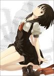  bakemonogatari barefoot black_hair blush brown_eyes feet kneeling legs long_legs mizuki_makoto monogatari_(series) school_uniform sengoku_nadeko shoes_removed short_hair solo 