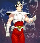  abe_takakazu armor bad_id bad_pixiv_id black_eyes black_hair commentary kuso_miso_technique male_focus masao muscle parody pegasus_seiya saint_seiya space yaranaika 