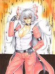  bow breasts choker cleavage cosplay fujiwara_no_mokou gloves hair_bow hair_ribbon highres houtengeki jacket large_breasts long_hair open_clothes red_eyes ribbon rugal_bernstein rugal_bernstein_(cosplay) silver_hair solo the_king_of_fighters touhou 